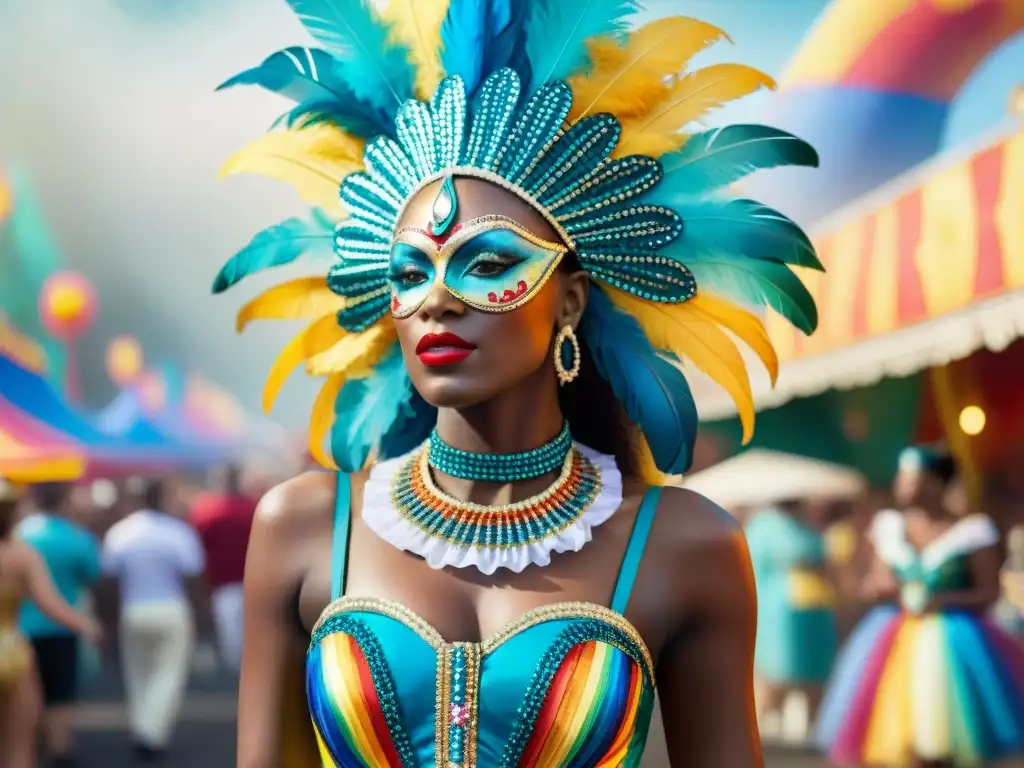 Un impresionante traje de carnaval elaborado con materiales reciclados, resaltando las prácticas ecológicas en trajes de carnaval