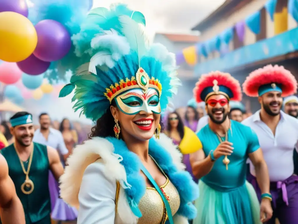 Celebración inclusiva en Carnaval Uruguayo: Grupo diverso de la comunidad LGBT+ festejando con alegría y colorido en un ambiente festivo y unificador