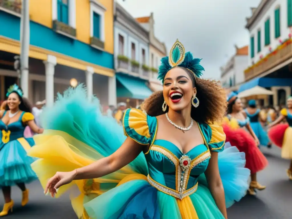 Colorido desfile de carnaval en Uruguay: diversidad y alegría Celebración inclusiva en comparsas: coloridos trajes de carnaval, diversidad de personas bailando alegres en la calle