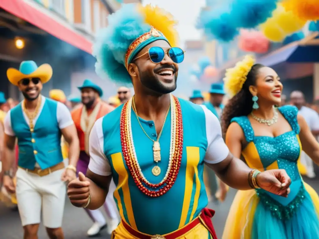 Celebración inclusiva de diversidad en Carnaval: Grupo alegre bailando con trajes tradicionales en vibrante desfile