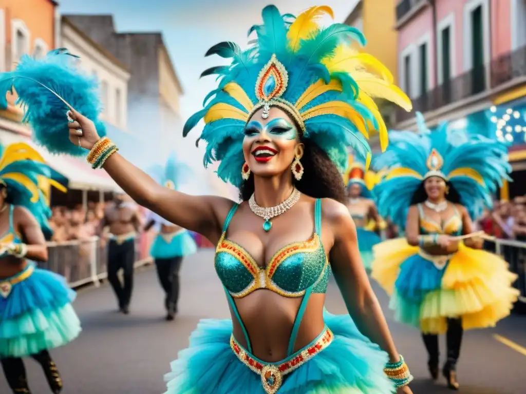 Increíble acuarela detallada de bailarines vibrantes en un desfile de carnaval en Uruguay