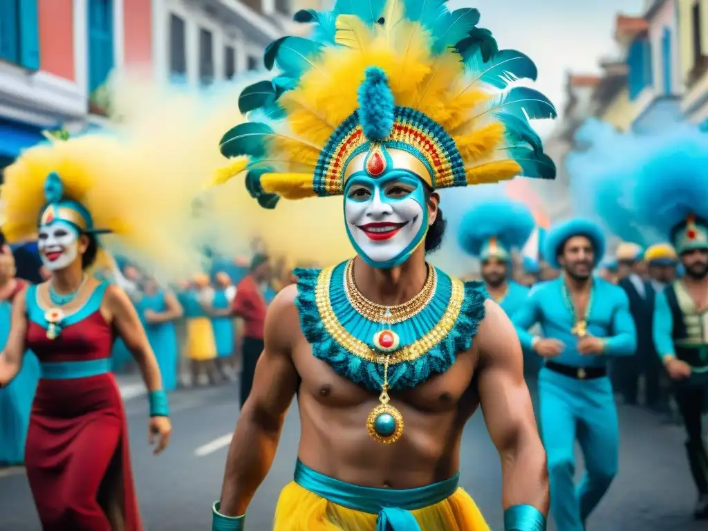 Increíble pintura acuarela del Carnaval uruguayo: colores vivos, música alegre y vibrante ambiente festivo