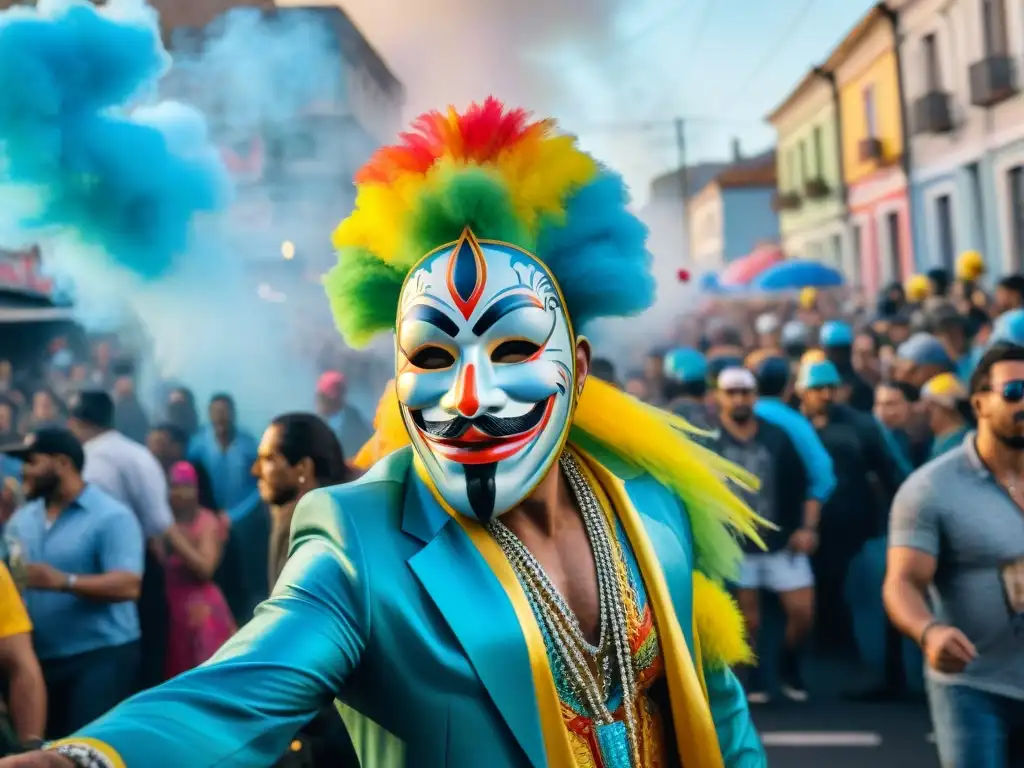 Increíble pintura acuarela detallada de un vibrante desfile de Carnaval en Uruguay, fusionando graffiti y tradición