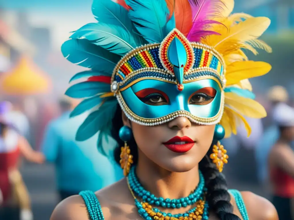 Evolución indumentaria Carnaval Uruguayo: ilustración detallada en acuarela muestra la transformación de trajes a lo largo de las décadas