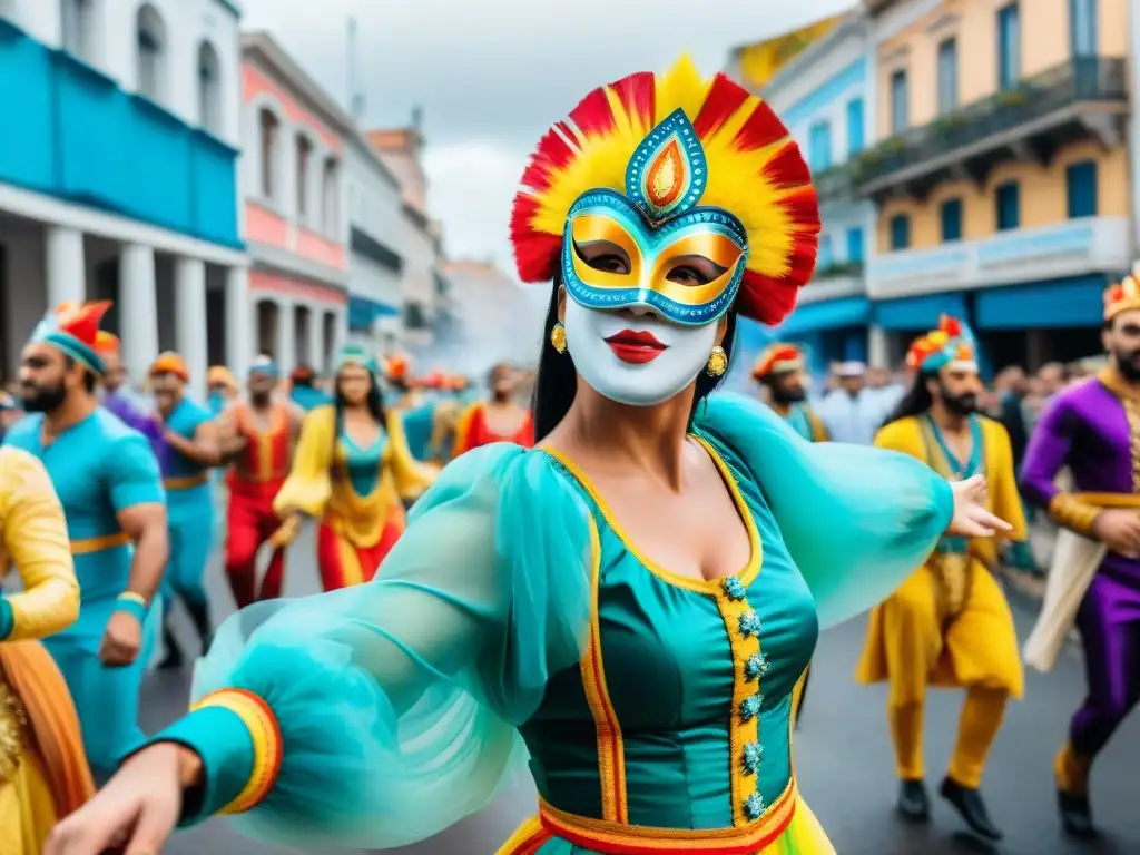 Influencers promoción Carnaval Uruguayo: Colorida ilustración acuarela de diverso grupo en desfile alegre por Montevideo