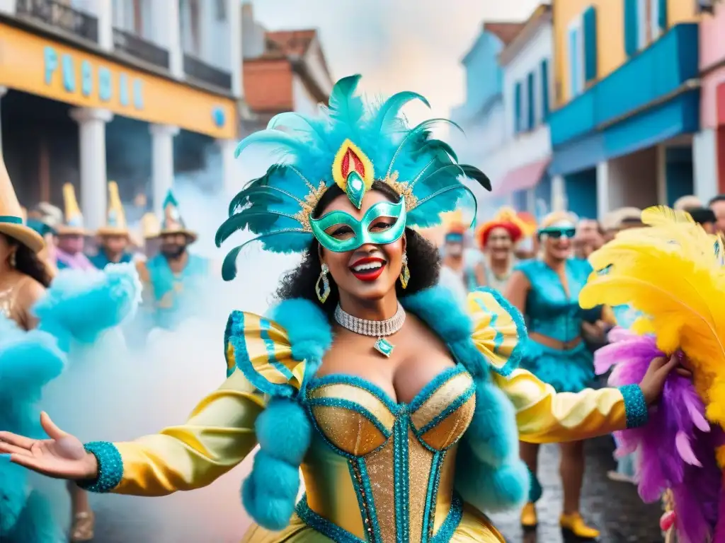 Influencers promoción Carnaval Uruguayo: Grupo diverso con coloridos trajes de carnaval, enérgica multitud y desfile festivo