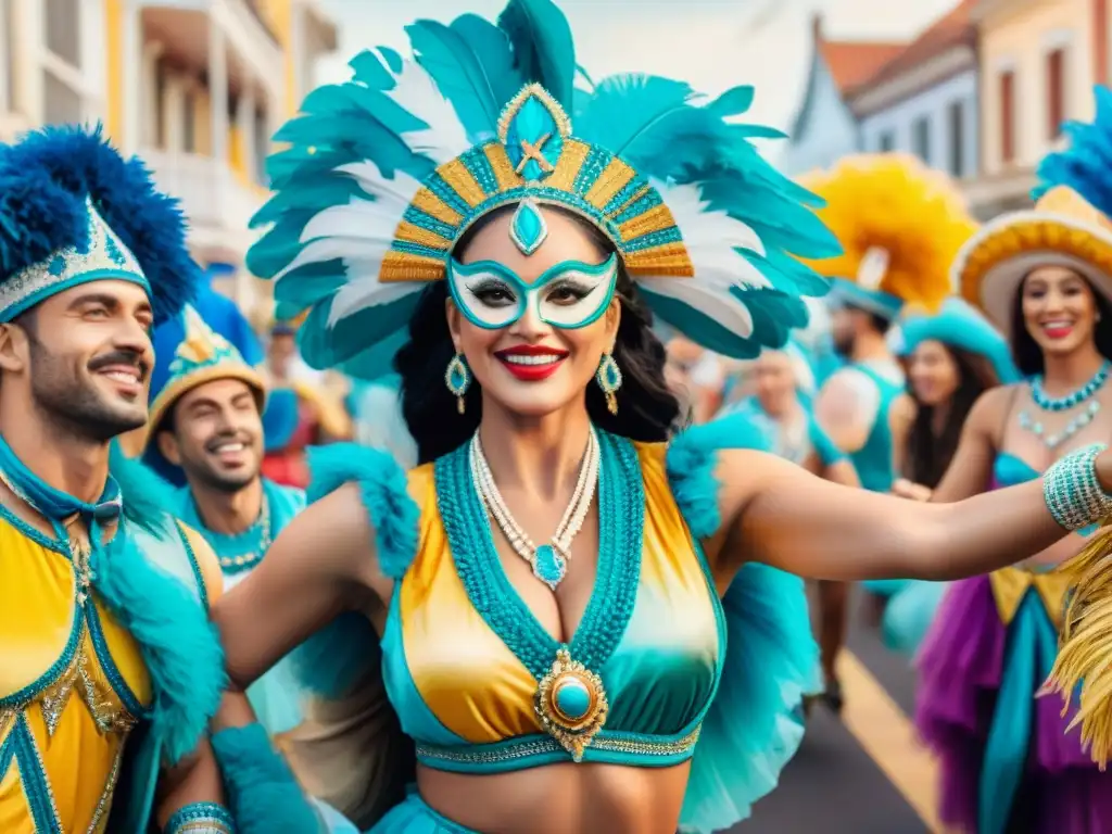 Influencers promoción Carnaval Uruguayo: Grupo animado en coloridos trajes de carnaval, bailando entre carrozas y espectadores