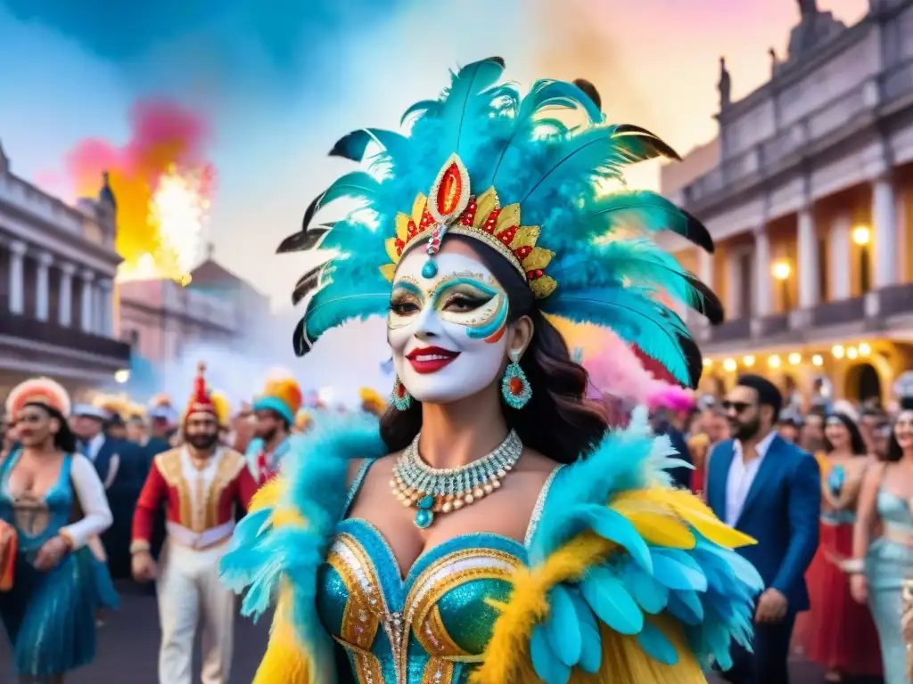 Influencers promoción Carnaval Uruguayo desfilan en vibrante ilustración acuarela con trajes tradicionales y paisajes icónicos de Uruguay