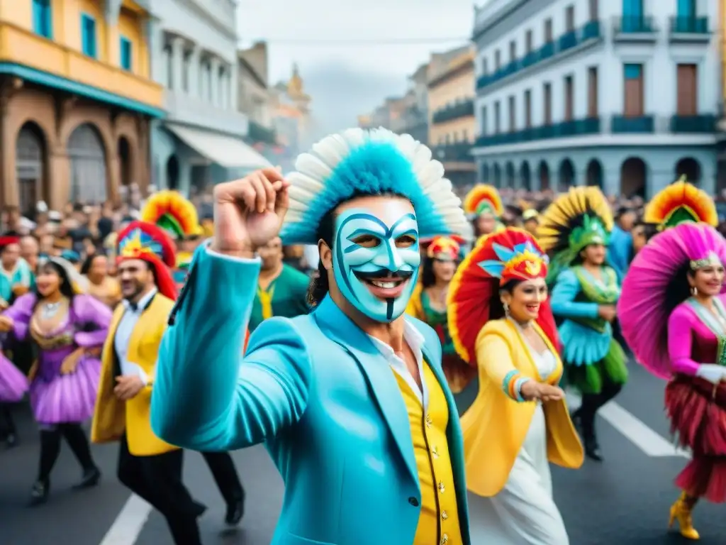 Influencia cultural del Carnaval Uruguayo: Escena vibrante de celebración con coloridos trajes, máscaras eufóricas y músicos tradicionales