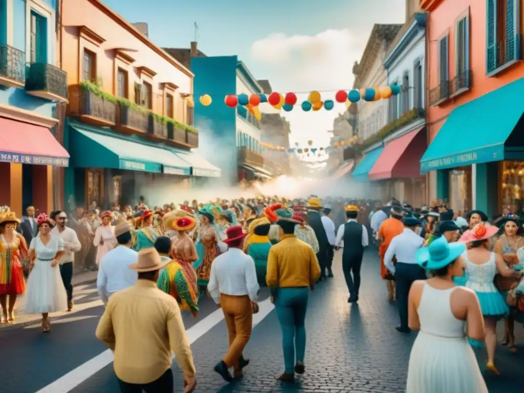 Influencia cultural Carnaval Uruguayo: Pintura acuarela vibrante de escena callejera durante Carnaval en Uruguay