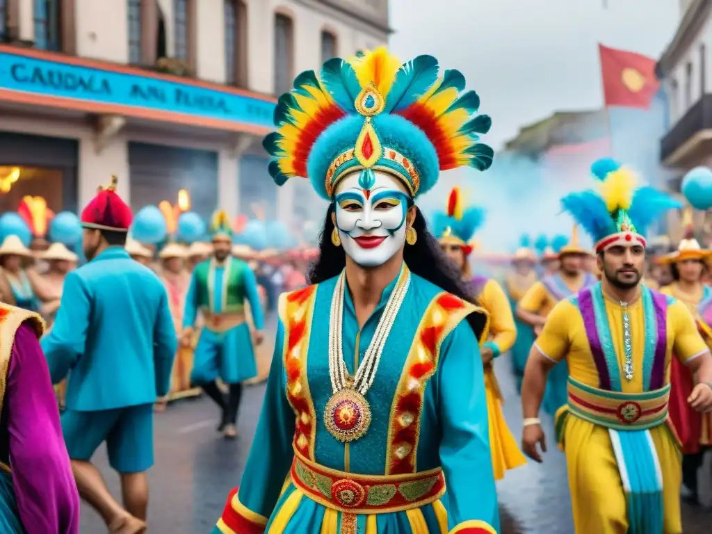 Influencia religiosa Carnaval Uruguayo: Detallada acuarela de vibrante desfile en Uruguay, con carrozas coloridas, bailarines y espectadores