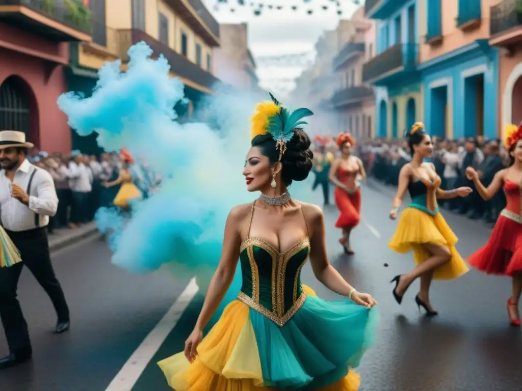 Influencia rioplatense en Carnaval Uruguayo: Desfile vibrante con trajes coloridos, músicos y confeti en el aire