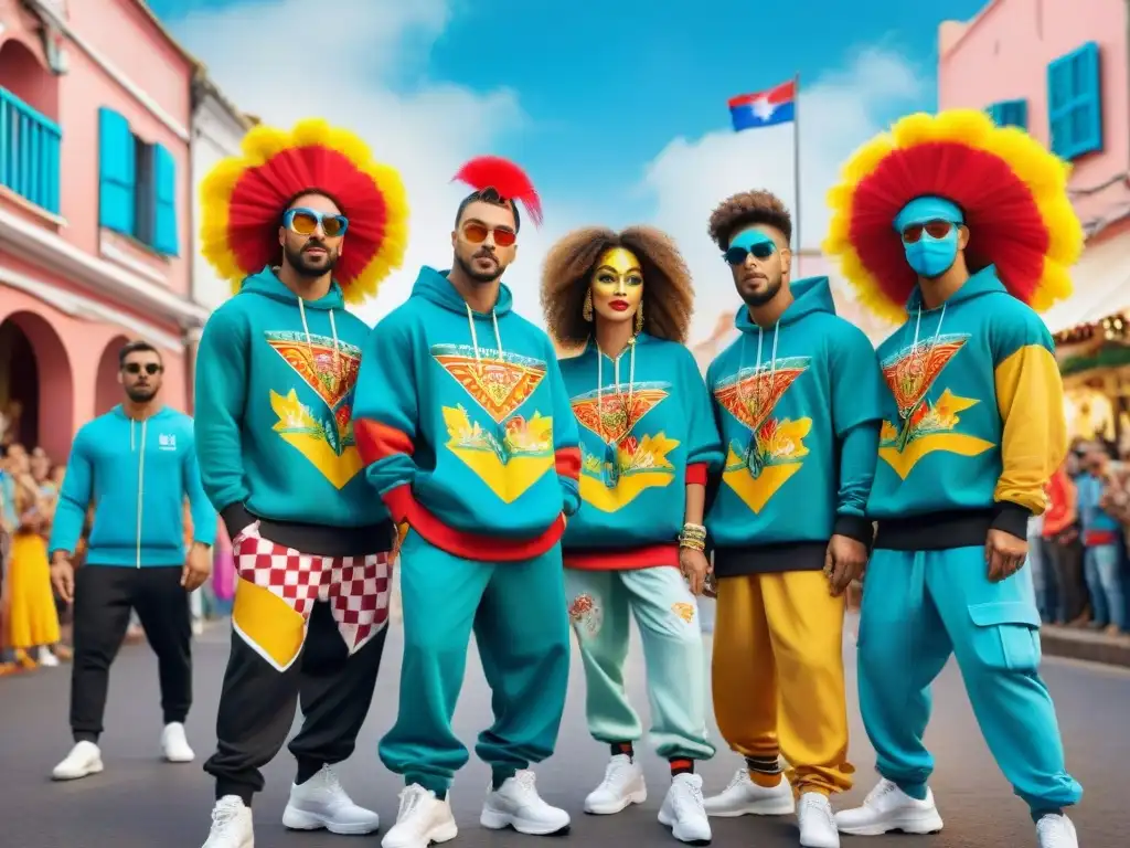 Influencia del streetwear en Carnaval: Grupo de artistas del Carnaval de Uruguay con atuendos urbanos vibrantes