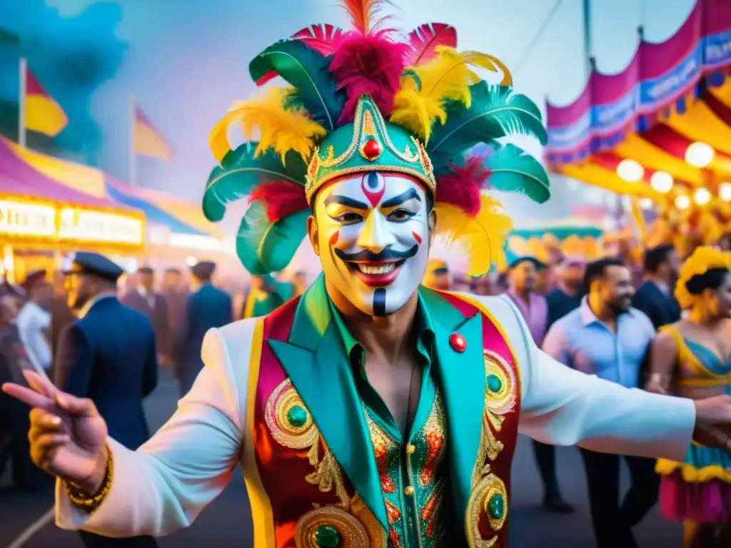 Influencia del tango en Carnaval: Flotador colorido con detalles tangueros rodeado de entusiastas en Carnaval Uruguayo