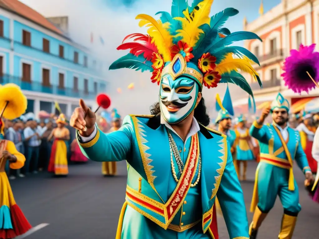 Innovaciones en el Carnaval Uruguayo: Detallada ilustración acuarela de un desfile vibrante y animado con carrozas y danzas folclóricas