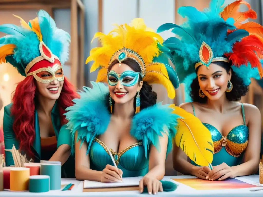 Innovadores diseñadores del Carnaval Uruguayo crean juntos trajes únicos rodeados de coloridas telas y plumas