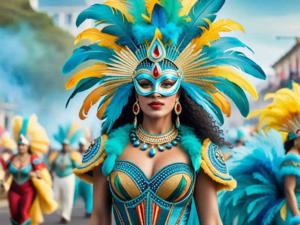 Inspiración de raíces culturales del Carnaval Uruguayo: Detallados trajes festivos con plumas, bordados y cuentas en vibrantes colores