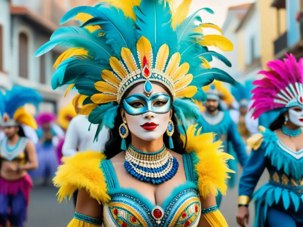 Inspiración de raíces culturales del Carnaval Uruguayo en detallada acuarela de vibrantes trajes tradicionales