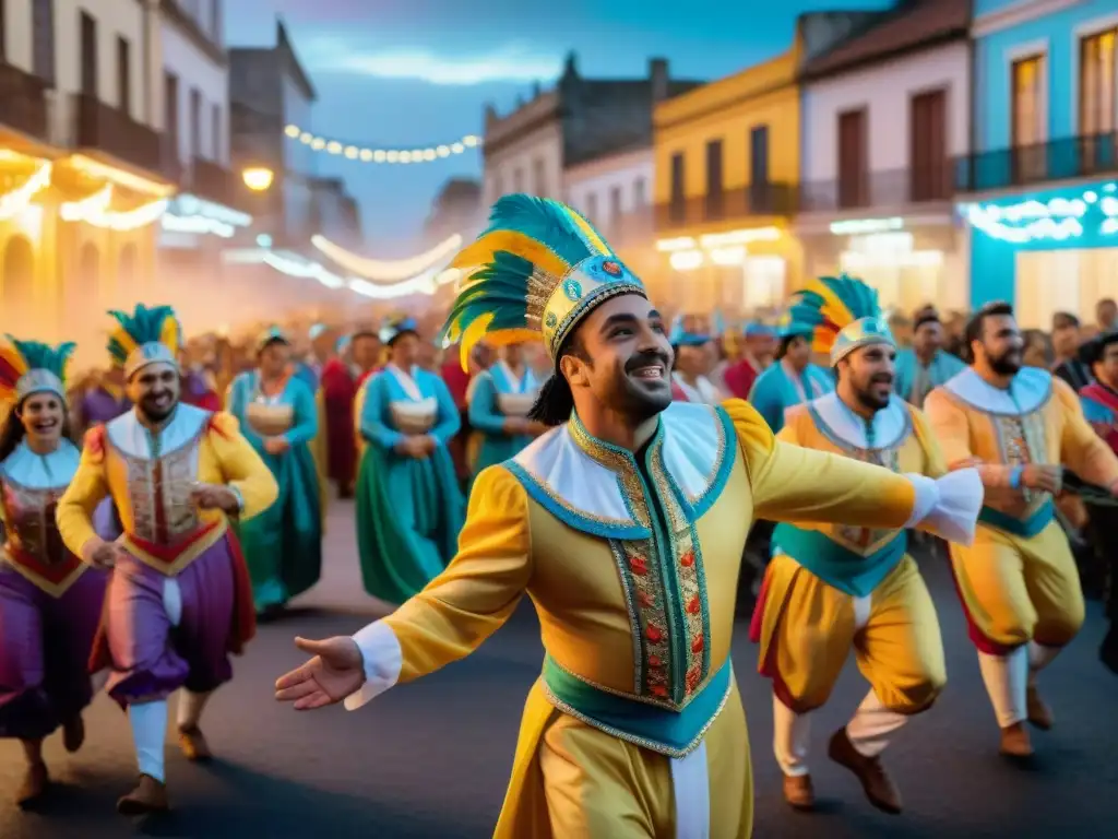 Integración de marcas en Carnaval Uruguayo: Colorida escena de desfile con bailarines, músicos y carrozas en un festival vibrante