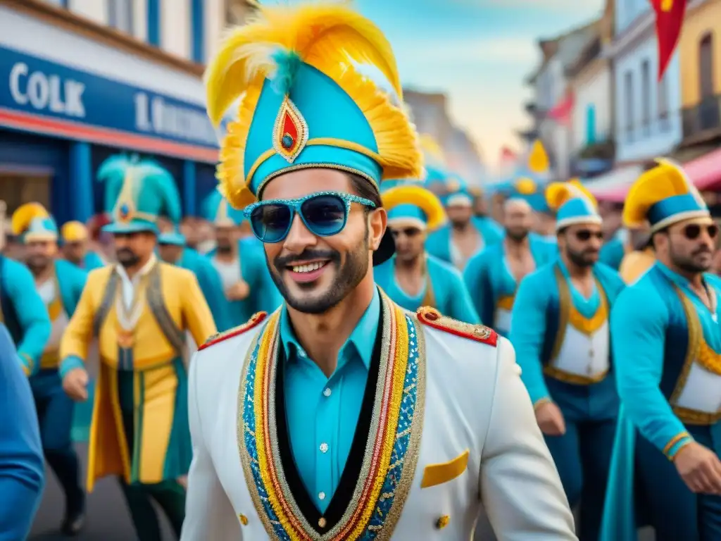 Integración de marcas en Carnaval Uruguayo: Desfile vibrante con carrozas coloridas y espectadores animados