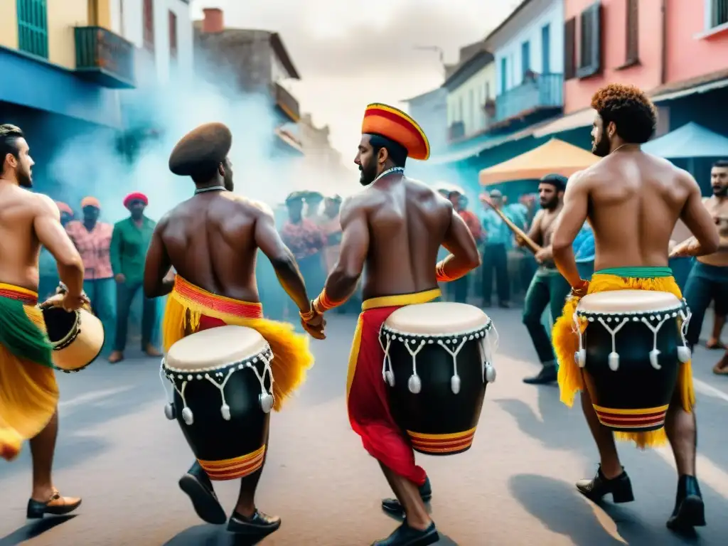 Intensa escena de tambores Candombe: músicos y bailarines en vibrante círculo