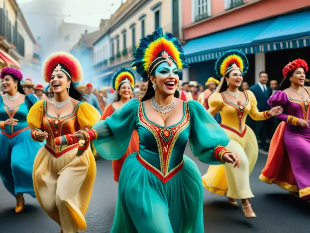 Intensa paleta de colores Carnaval Uruguayo: vibrante pintura acuarela de calle animada con artistas y música tradicional