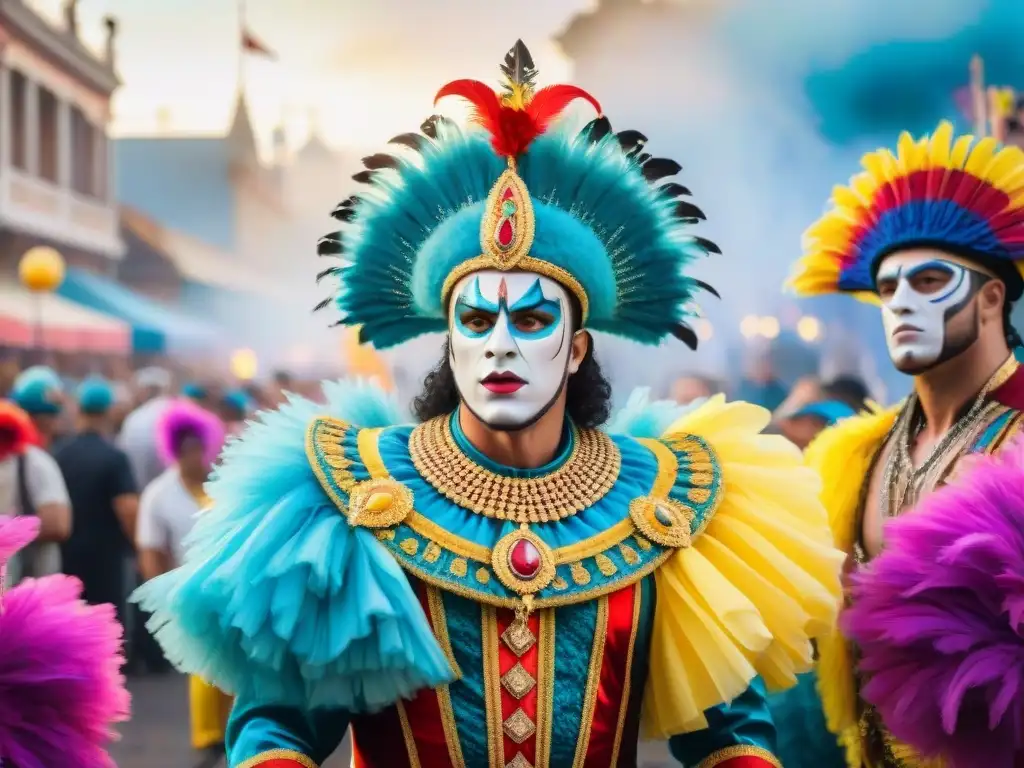 Intenso enfrentamiento entre artistas de Carnaval Uruguayo en elaborados trajes, rodeados de una multitud asombrada