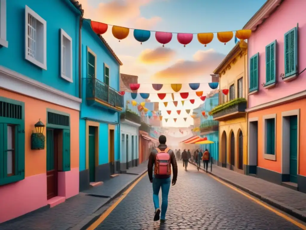 Jóvenes exploran calles coloridas de Parque Rodó durante Carnaval en Uruguay, cerca de hostels económicos