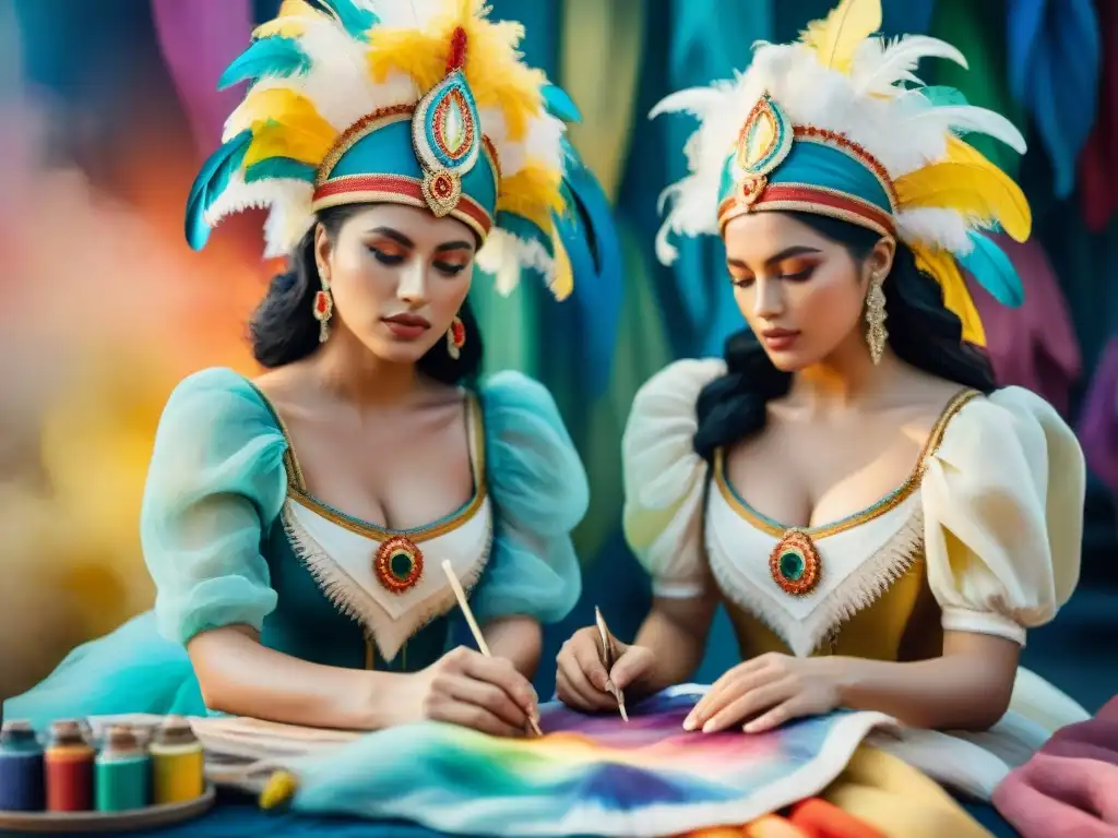 Artistas uruguayos creando trajes de carnaval con pasión Jóvenes talentos del Carnaval Uruguayo creando coloridas y detalladas vestimentas con pasión y creatividad
