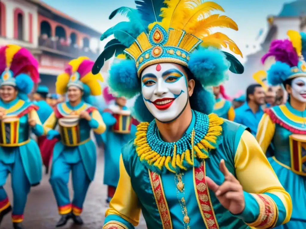 Brillo y alegría: Carnaval de Uruguay con jóvenes artistas Jóvenes talentos del Carnaval Uruguayo danzando con alegría en vibrante pintura acuarela