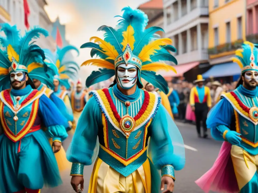 Desfile de Carnaval uruguayo: fusión moderna y tradicional Jóvenes talentos en vibrante Carnaval Uruguayo: desfile moderno con toques tradicionales y energía festiva