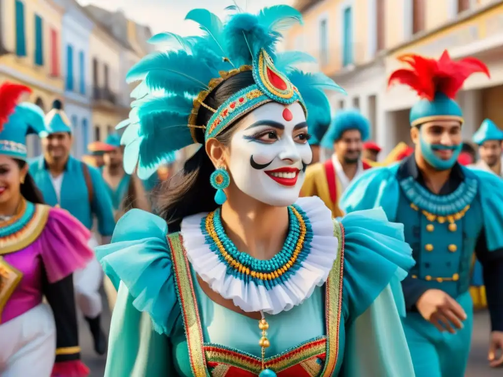 Jóvenes en trajes de carnaval uruguayo participan en taller de Formación emprendedores culturales Carnaval Uruguayo