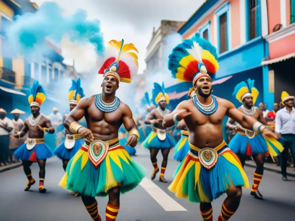 Legado africano en Carnaval Uruguayo: Grupo de artistas en trajes tradicionales de Candombe bailando en vibrante desfile callejero