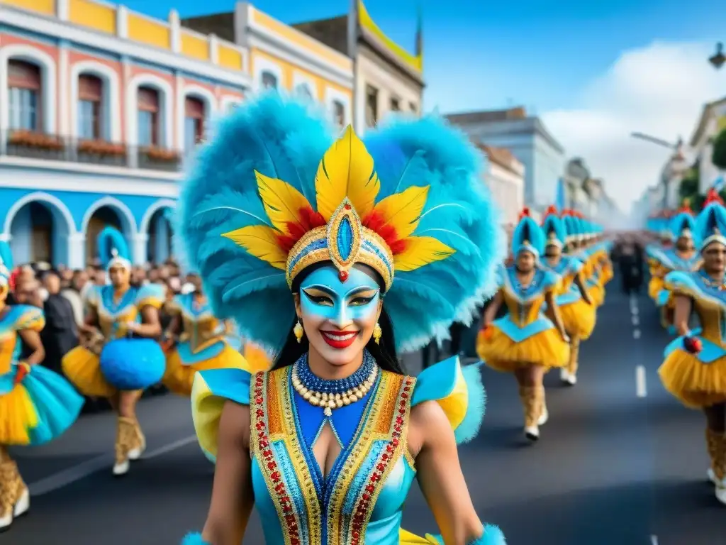 Leyendas y anécdotas del Carnaval Uruguayo: Desfile vibrante con coloridos disfraces y carrozas bajo cielo azul