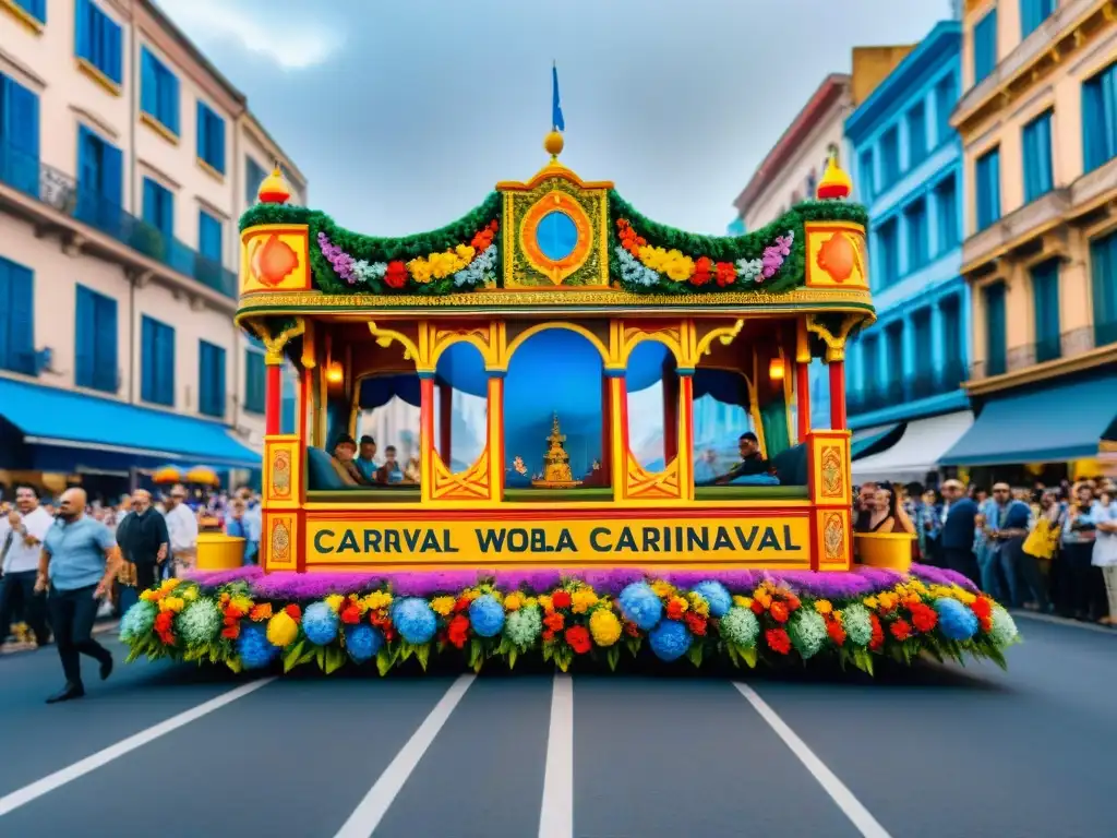 Float lleno de flores y diseño en Carnaval de Montevideo, con publicidad creativa