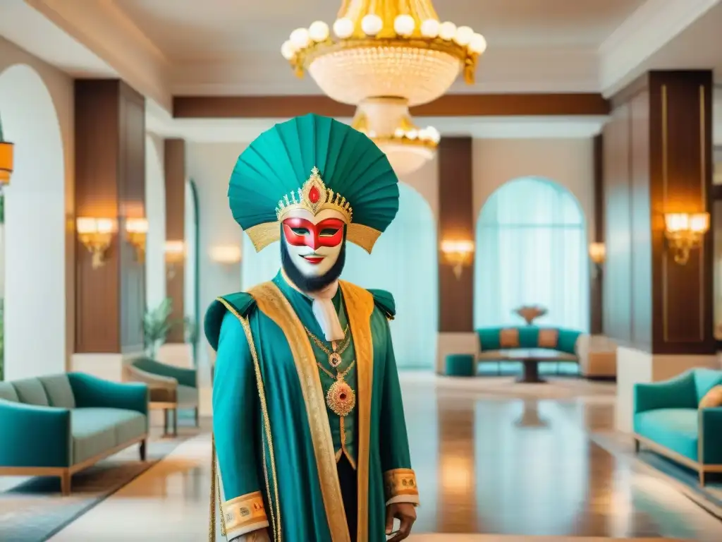 Un lobby de hotel de lujo decorado con colores de carnaval en Uruguay, con máscaras y trajes elegantes en exhibición