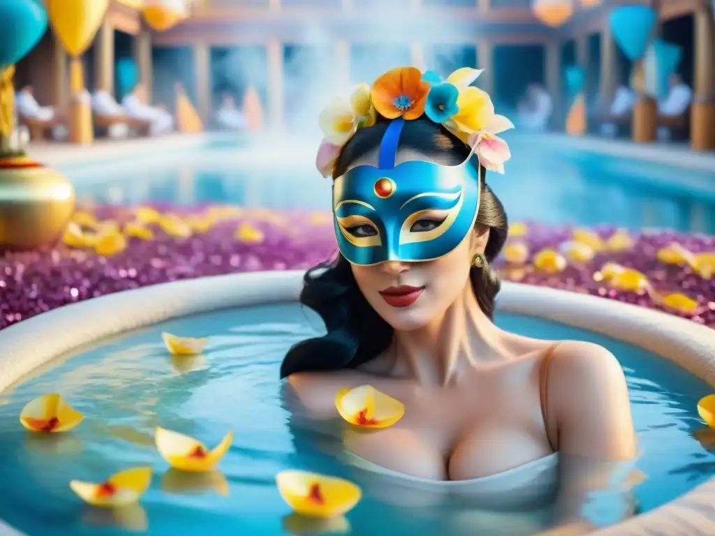 Un lujoso spa rodeado de decoraciones festivas del Carnaval en Uruguay, con piscinas tranquilas y ambiente alegre