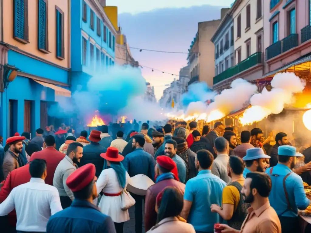 Magia del Carnaval en Montevideo: bulliciosa calle llena de colores, música y comida tradicional uruguaya durante la festividad