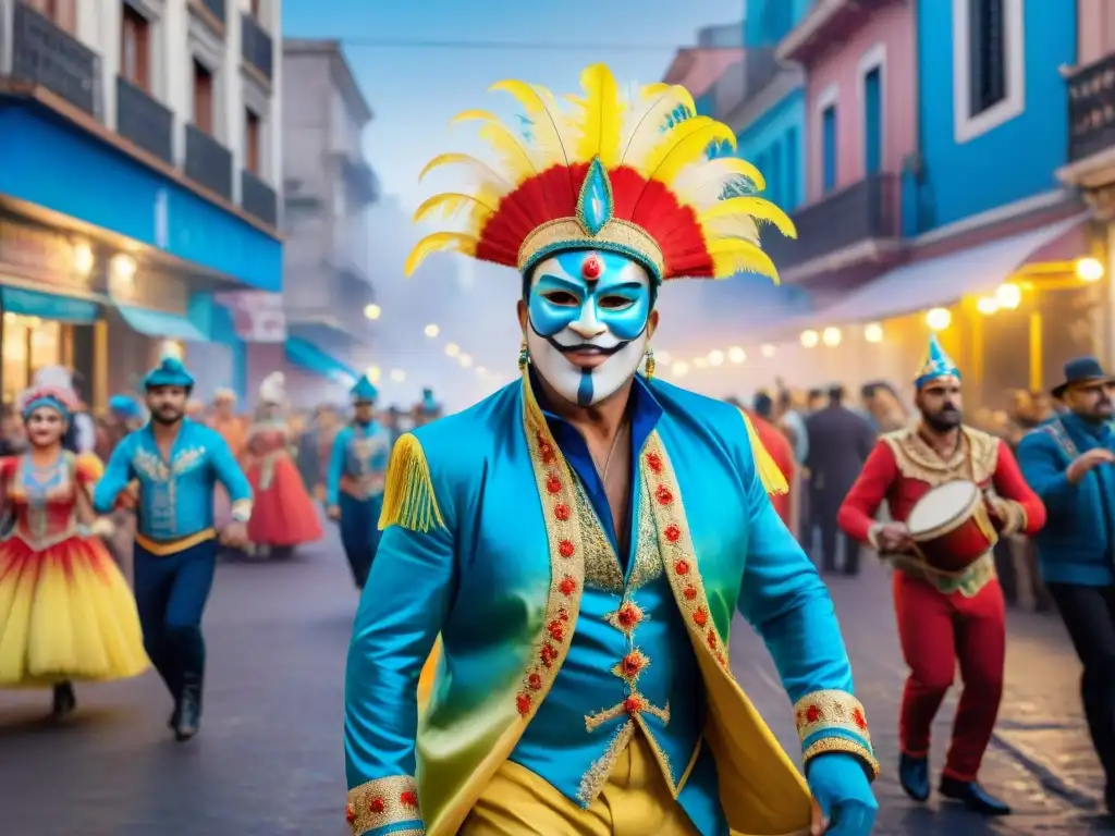 Magia del Carnaval en Montevideo: Calle bulliciosa con colores vibrantes, disfraces y baile festivo