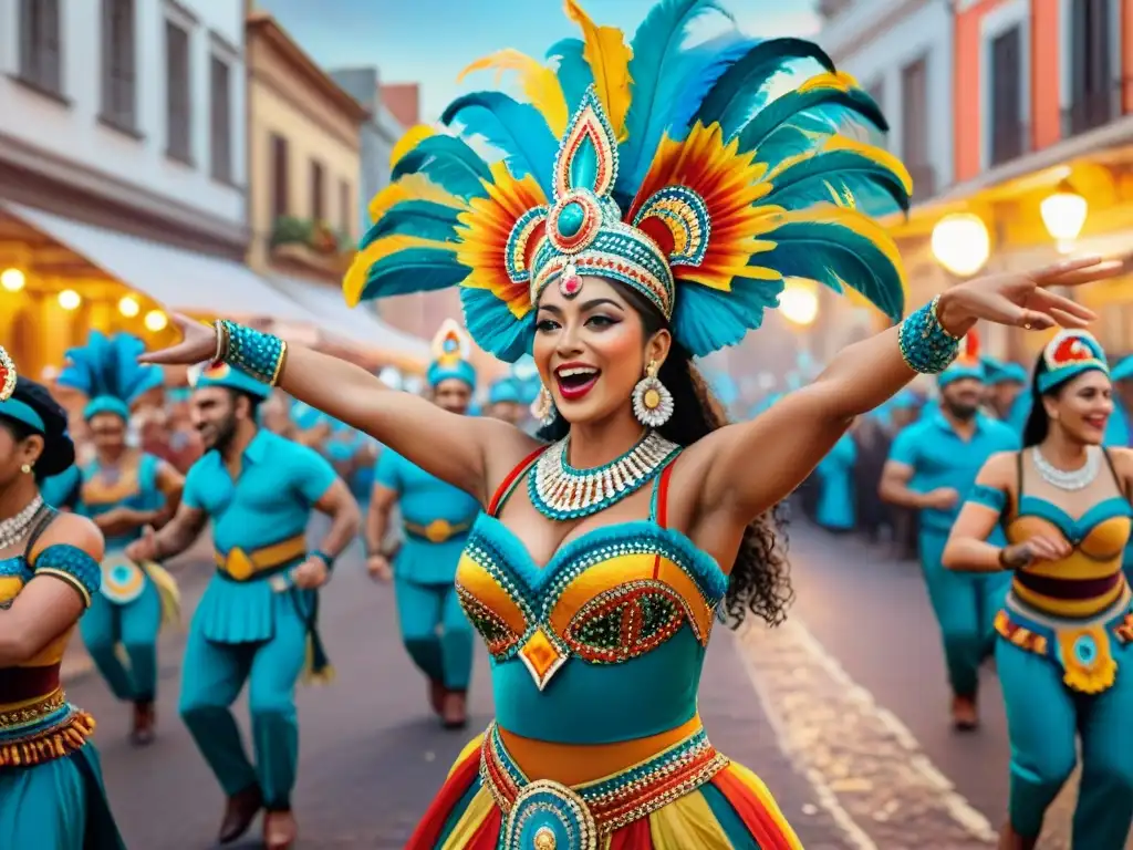 Magia del Carnaval Uruguayo: vibrantes colores, energía de la celebración, danzas y música tradicional, espectadores en fiesta