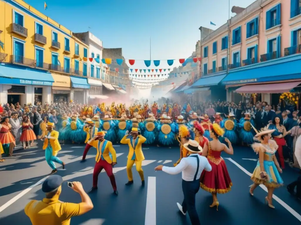 Magia del Carnaval en Montevideo: Detallada ilustración acuarela de vibrante calle repleta de bailarines y espectadores