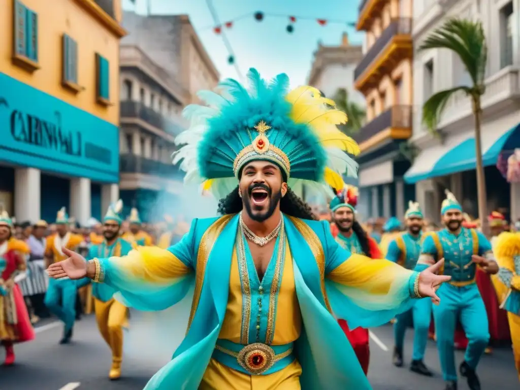 Magia del Carnaval en Montevideo: desfile vibrante con coloridos disfraces, carros alegóricos y público feliz entre edificios históricos y palmeras