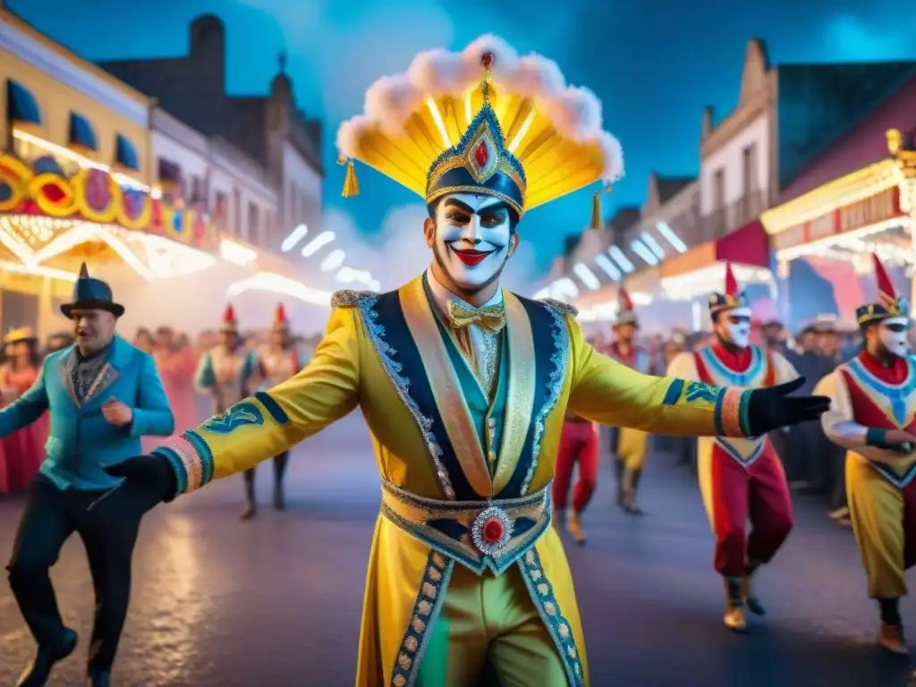 Fotografía del mágico Carnaval Uruguayo con desfile colorido, danzas festivas y espectadores animados