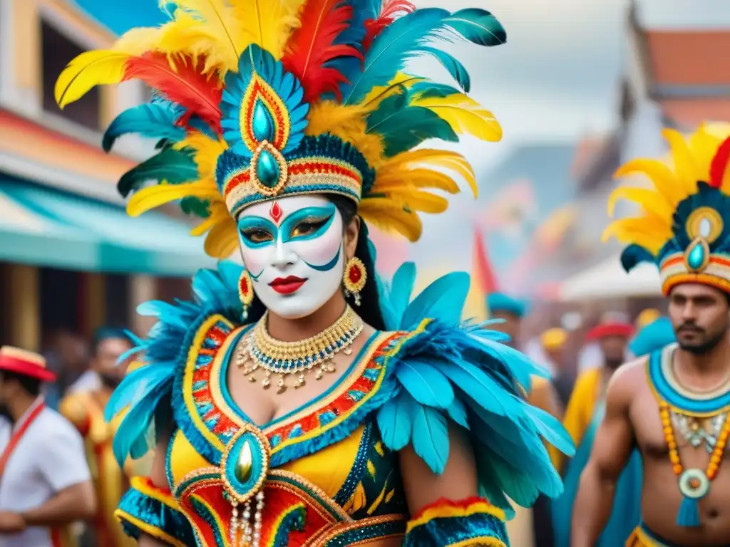 Un majestuoso disfraz del Carnaval Uruguayo con plumas, lentejuelas y bordados detallados, en una festiva parada