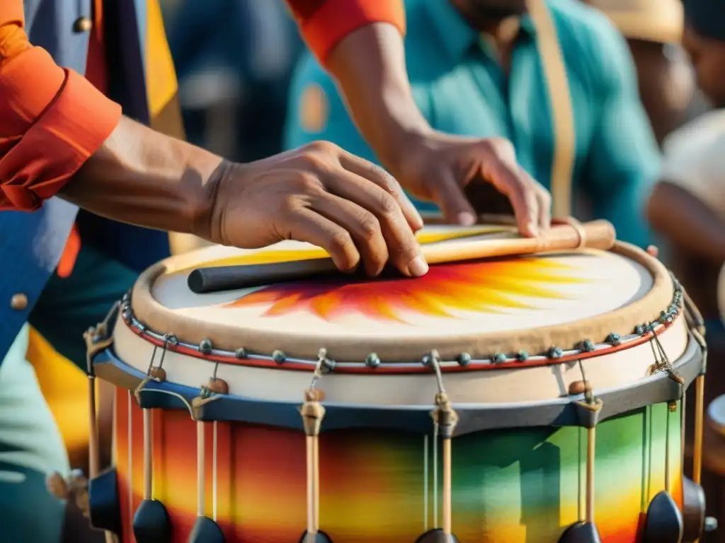 Manos expertas elaborando tambor Candombe: arte tradición en detalle y color