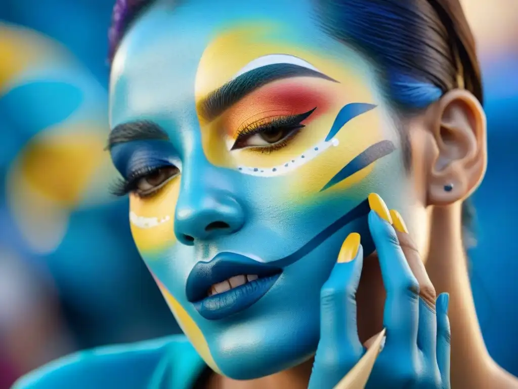 Un maquillador destacado del Carnaval Uruguayo aplica colores vibrantes y diseños intrincados en el rostro de un modelo