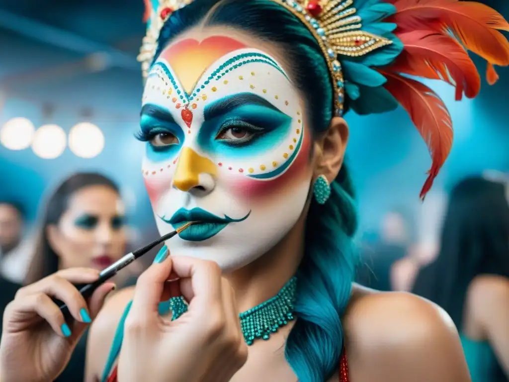 Maquilladores destacados del Carnaval Uruguayo aplicando diseños vibrantes y elaborados en artistas en el backstage