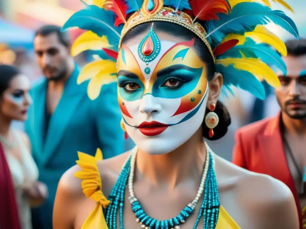 Maquilladores destacados Carnaval Uruguayo aplican diseños vibrantes con habilidad