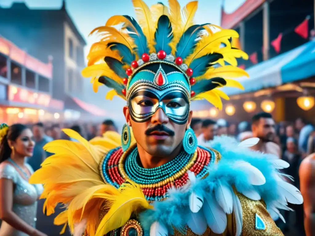 Maravilloso cuadro de acuarela del Carnaval Uruguayo con bailarines vibrantes y coloridos secretos fotográficos Carnaval Uruguayo