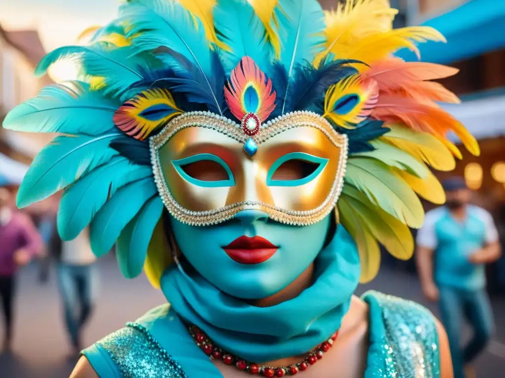 Máscara de carnaval uruguayo con Accesorios Carnaval Uruguayo destacados, plumas y lentejuelas brillantes